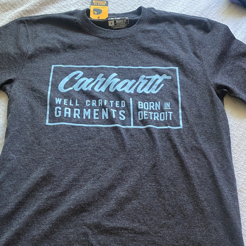 Carhartt Men's Dark Gray Tee with Light Blue Graphic
